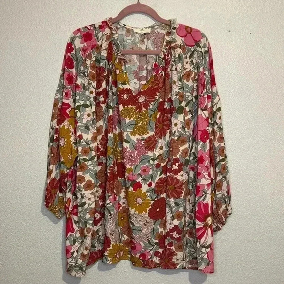 Entro Boho Floral Ruffle V-Neck Blouse Top - Picture 1 of 6